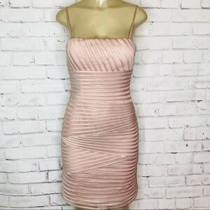 JS Collections  sheath dress with mesh overlay